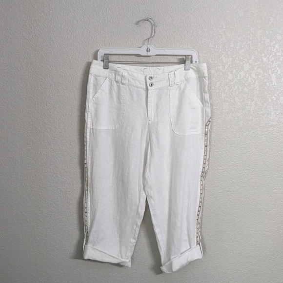 INC International Concepts Woman 100% Linen White Crop Capri Pants Embroidered 8 - Picture 1 of 13